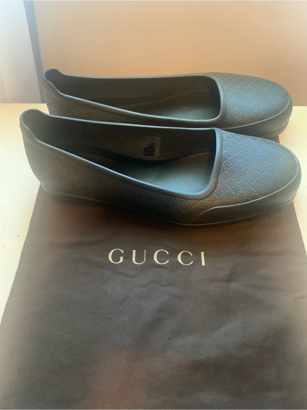 Gucci Black Diamante logo Rubber Slip-On Rain Loafers.